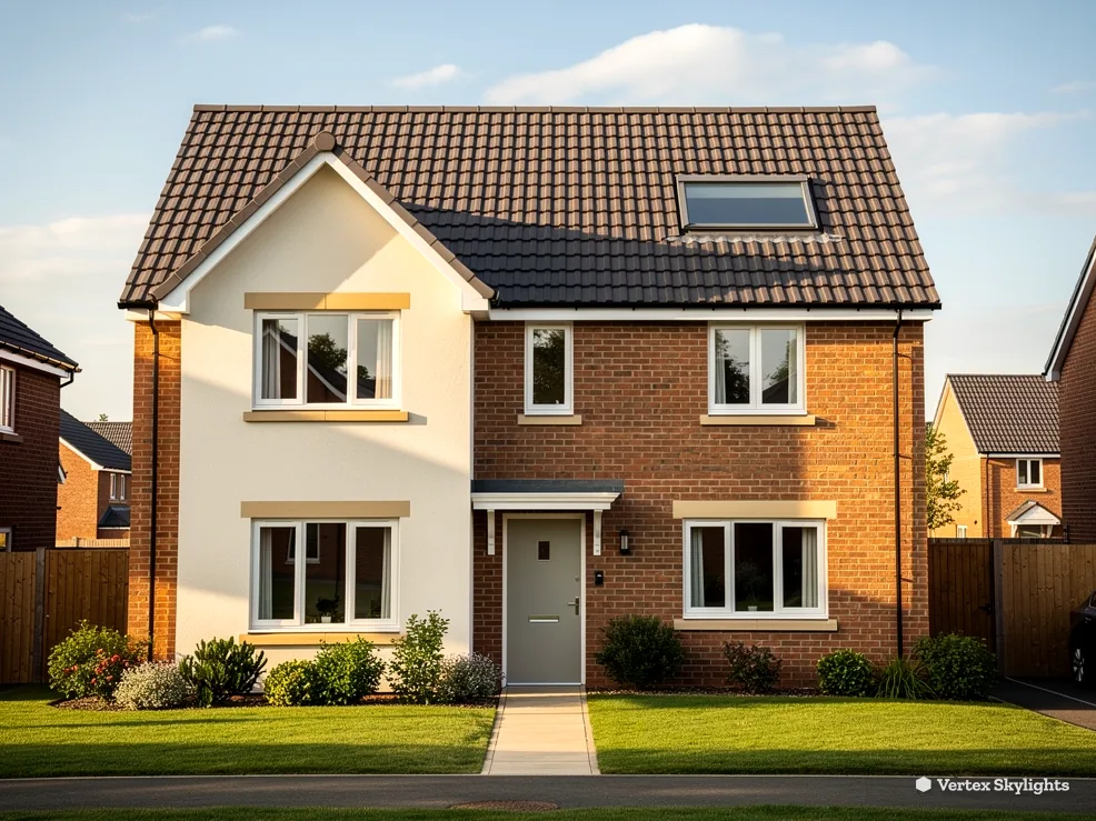 A newer brick and render family house with a roof window in its tiled roof