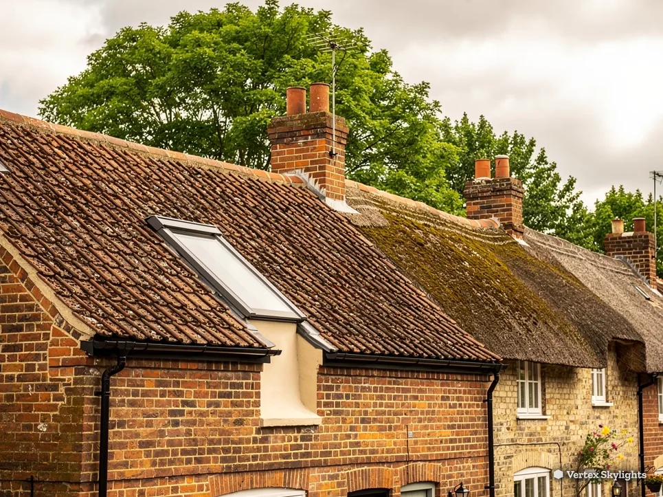 Old brick and stone cottages, one with a long rooflight in its clay tile roof beside a thatched neighbour