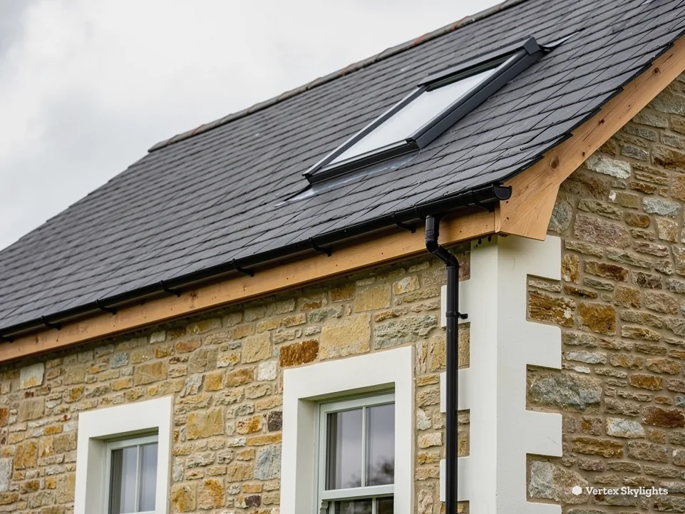 A slate roof with a roof window over a coursed stone wall