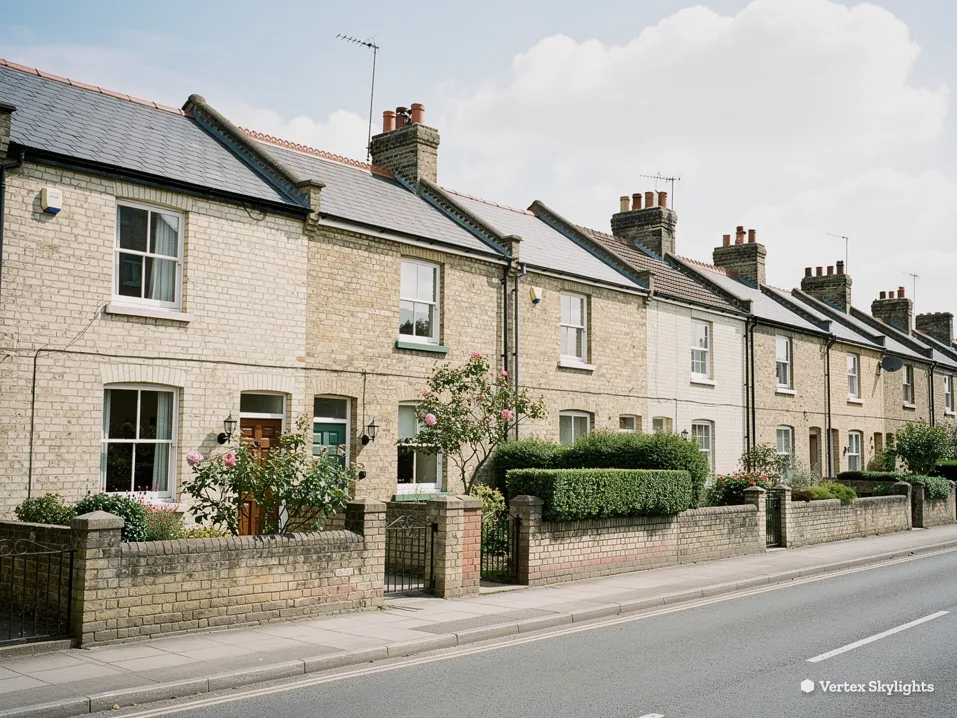 A street of pale stone terraced cottages behind low front walls
