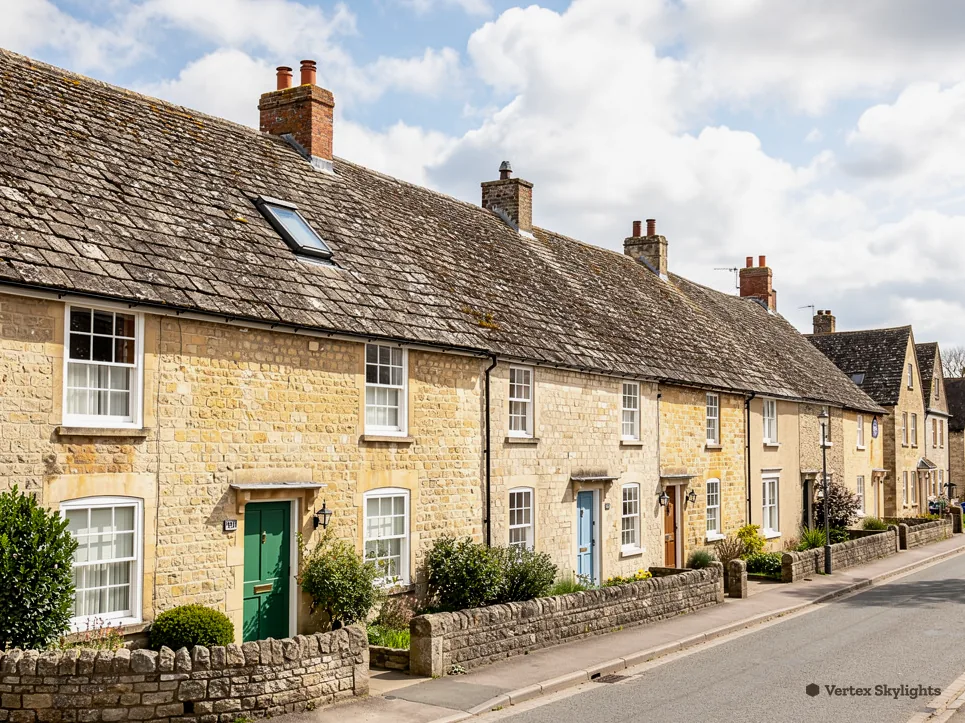 A row of pale stone cottages with tiled roofs and a roof window, along a quiet street