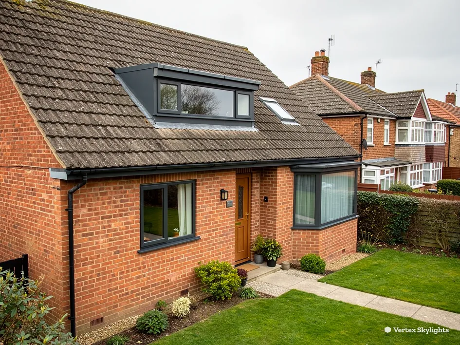 A brick house with a dormer and a roof window, lawn in front