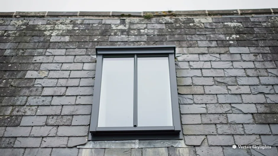A slim dark-framed conservation rooflight sitting low in an old slate roof