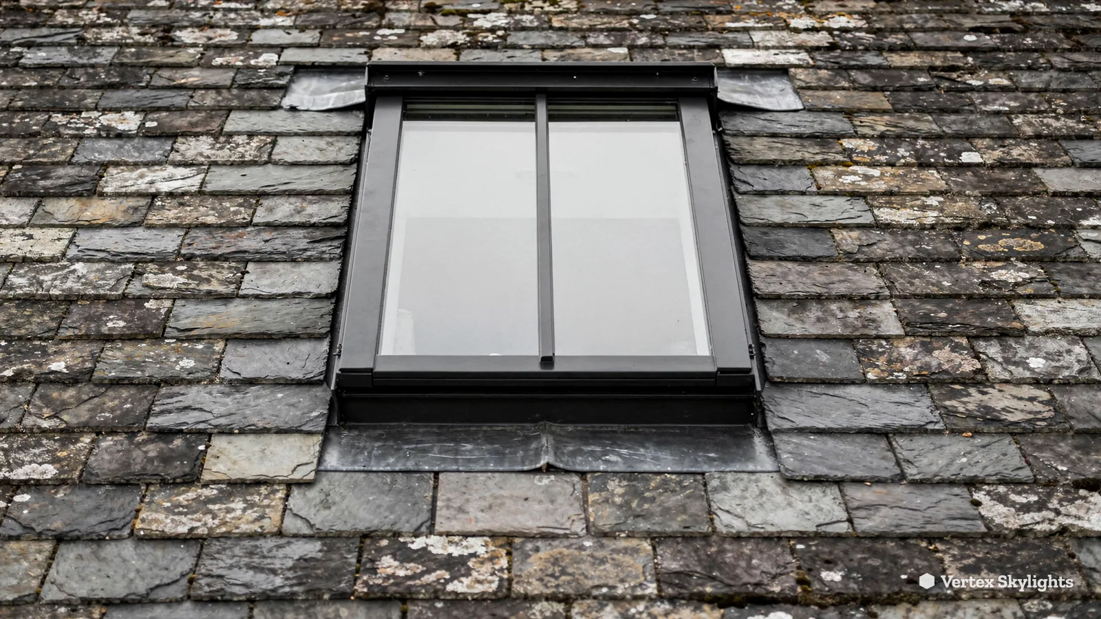 Close view of a conservation rooflight with slates dressed up to its frame
