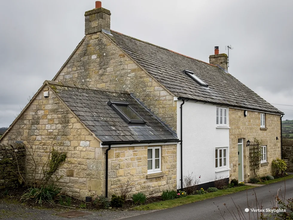 A stone cottage with a small rooflight in the slate roof of its rear wing