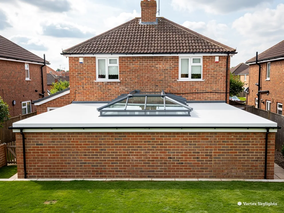 A roof lantern on a rendered single-storey extension behind a brick house