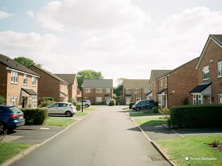 A quiet modern estate road of brick houses with front lawns