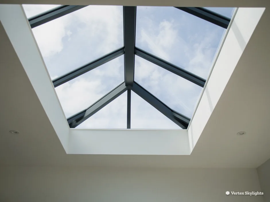 Looking up through a roof lantern to grey sky from the room below