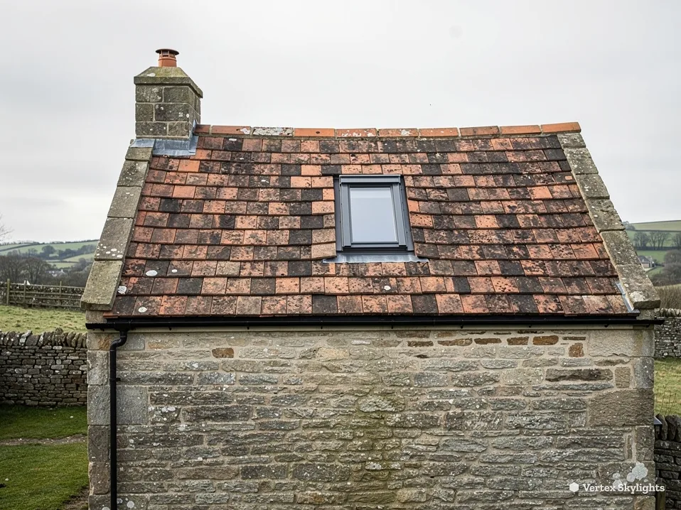 An old stone outbuilding with a clay tile roof and a slim rooflight, fields behind