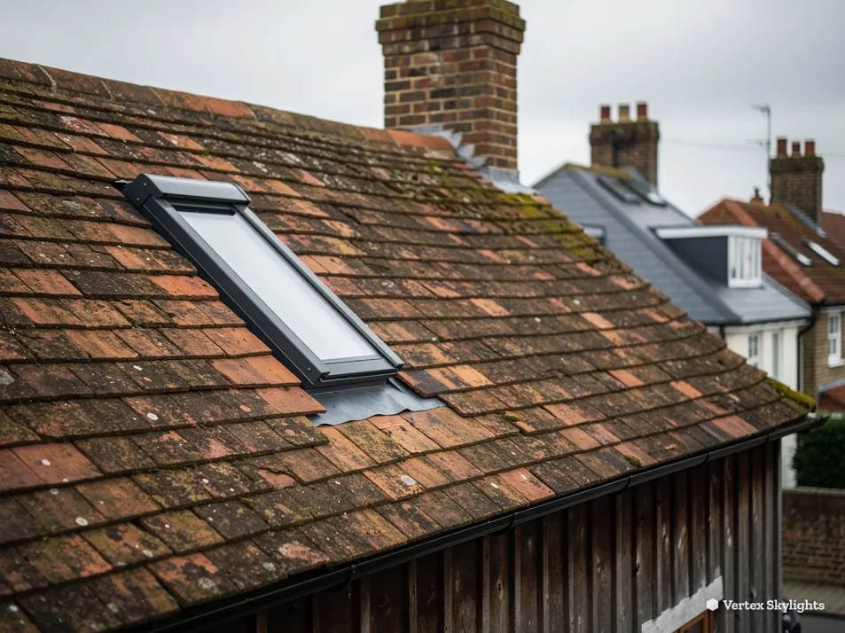 A slim roof window in a mossy clay tile roof