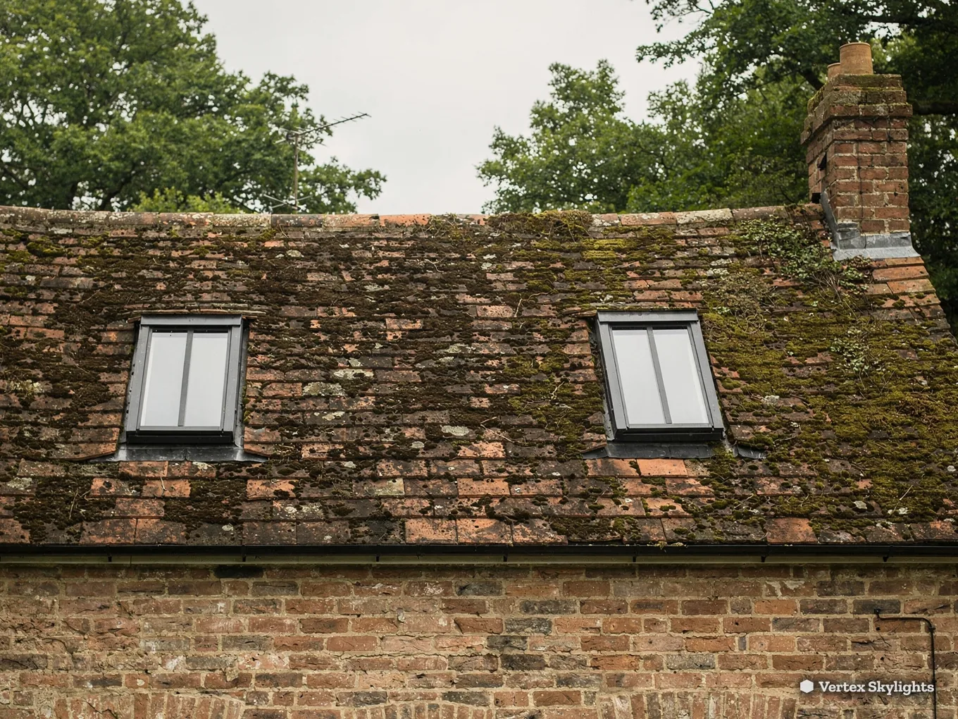 Two roof windows in a mossy clay tile roof above a brick wall