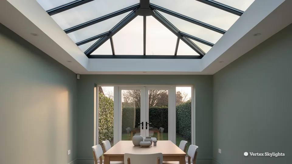 A dining table in a single-storey extension under a roof lantern