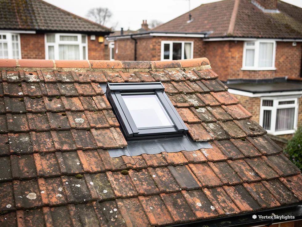A roof window set in an old clay tile roof, semis behind
