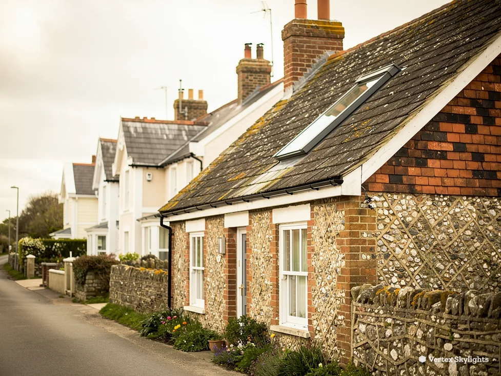 A flint and brick cottage with a roof window in its tiled roof, on a village lane