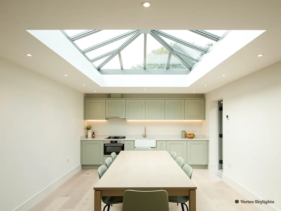 A white kitchen and dining space under a roof lantern