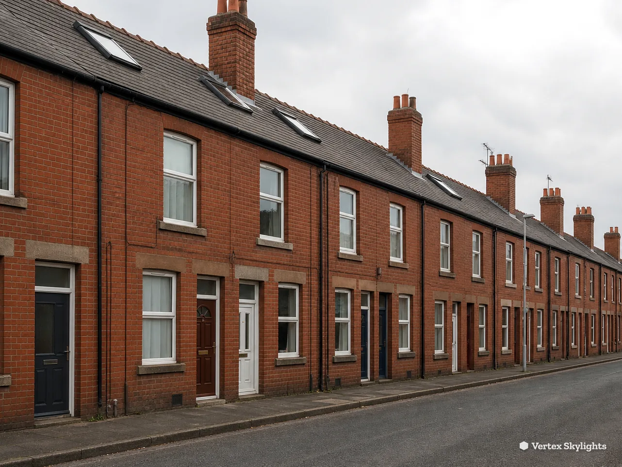 A long street of plain red brick terraced houses