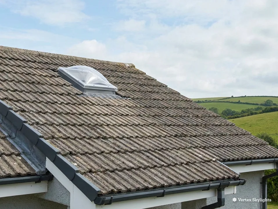 A sun tunnel dome on a tiled roof with fields beyond