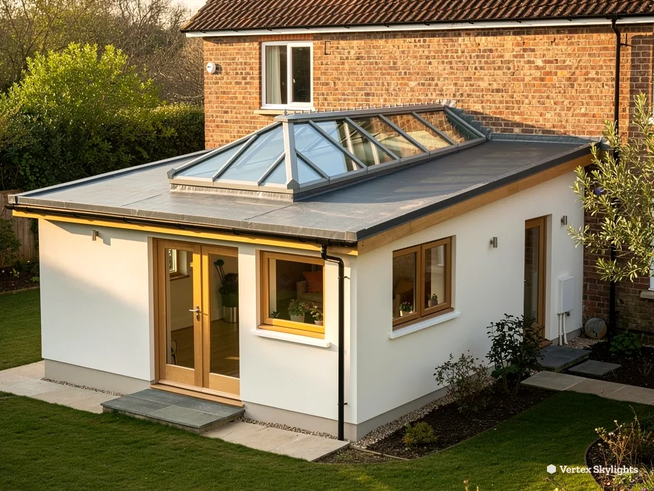 A rendered extension with a roof lantern and timber doors, brick house behind