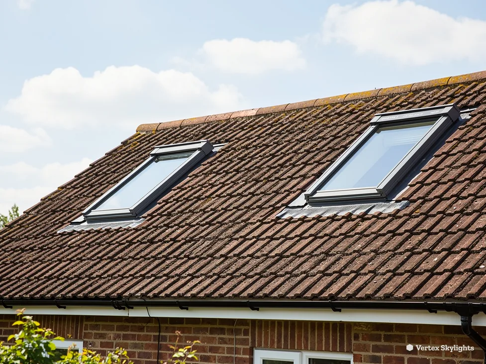 Two roof windows in a brown tiled roof against blue sky