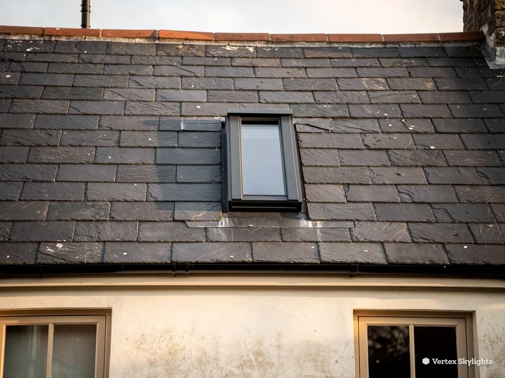 A slim roof window in a slate roof above a rendered wall