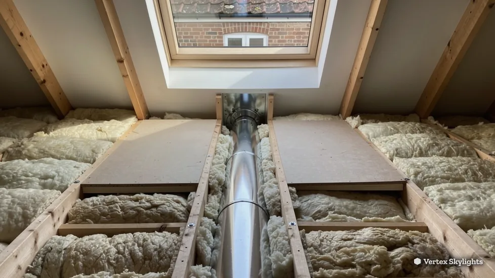 A reflective sun tunnel tube running between insulated joists in a loft