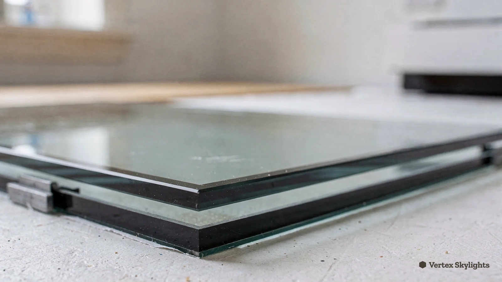The layered edge of a laminated glass pane