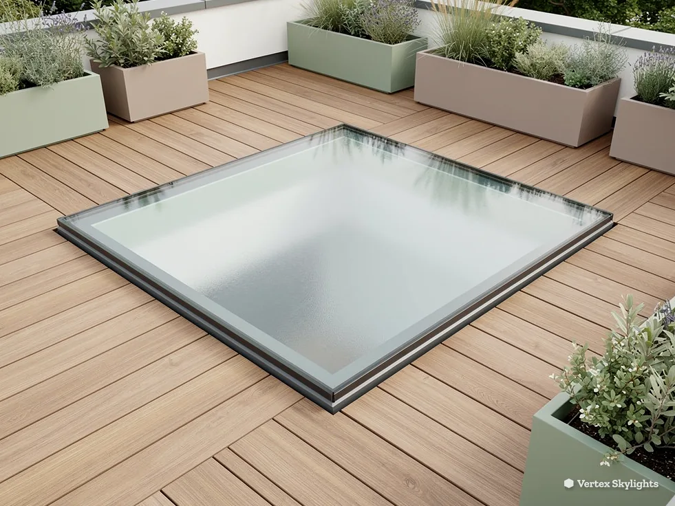 A walk-on rooflight set into a timber roof terrace with planters
