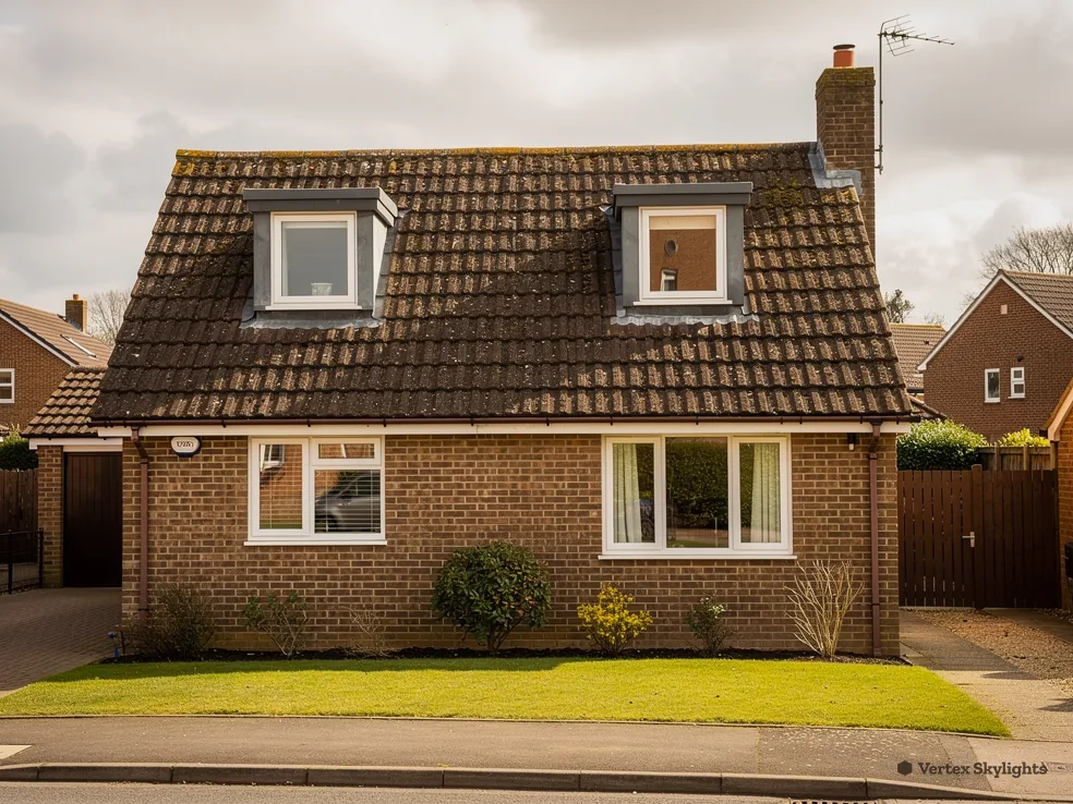 A brick detached house with two dormers in its tiled roof