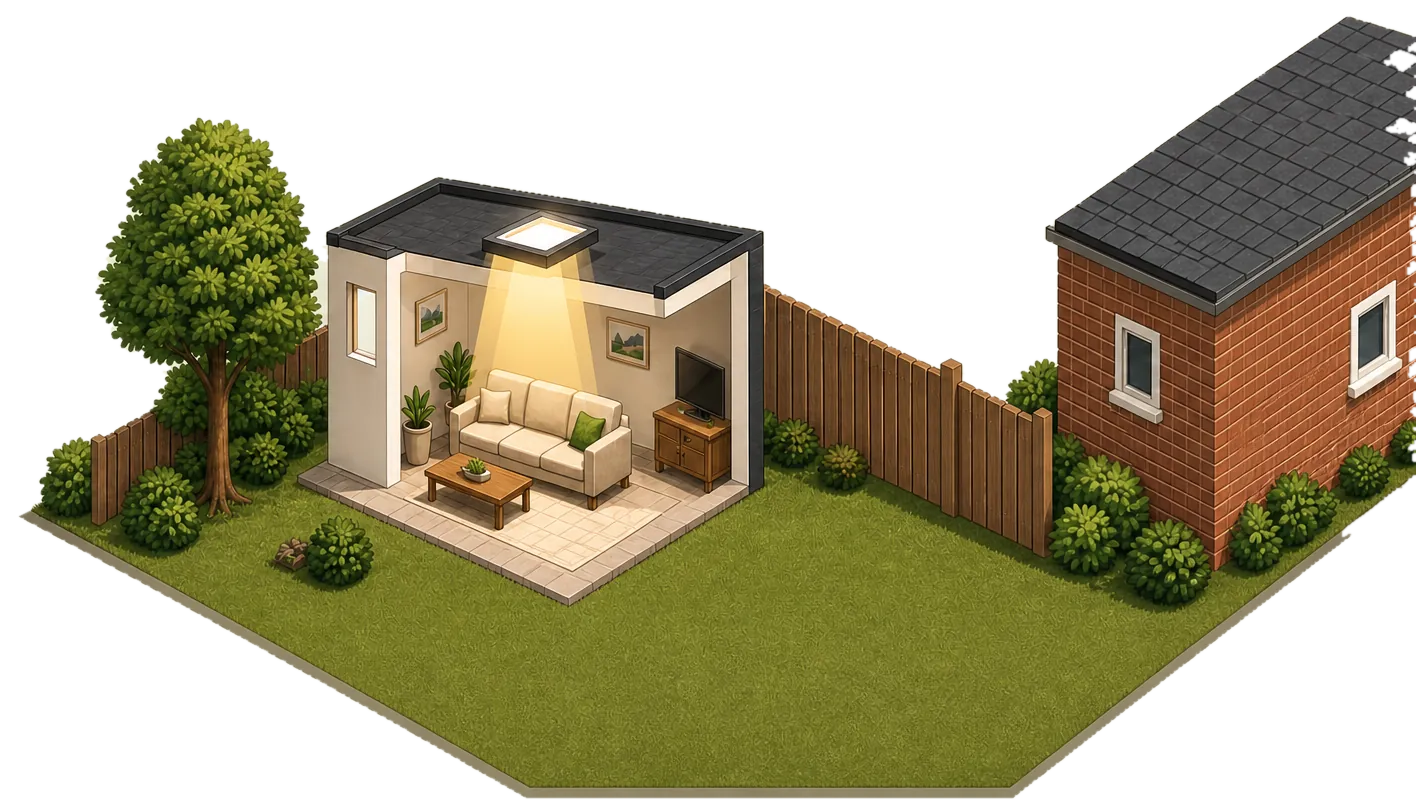 A garden room with a side window behind a tree, a fence beside it and the neighbouring house close by, lit instead by a rooflight in its flat roof