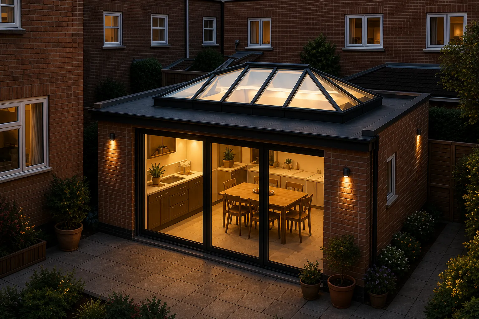 A roof lantern over a single-storey kitchen extension at dusk, the room below lit and the glass roof glowing