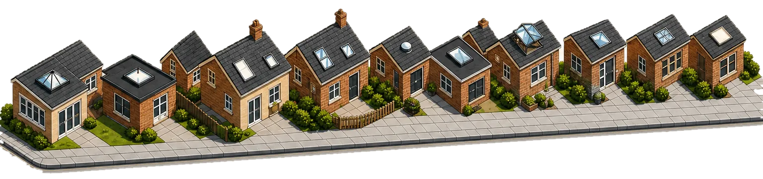 A street of ten houses, each with a different rooflight